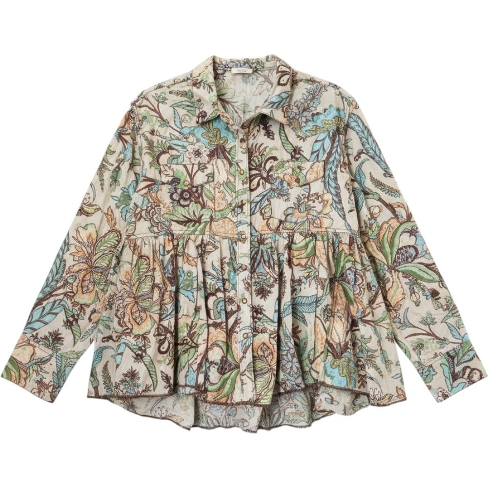 Ivu Jane Babydoll Top L Green Floral Long Sleeve Snap Cuff Boho Cottagecore